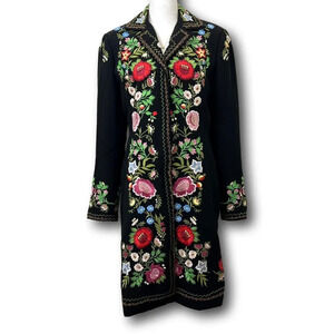 EMB Black Overcoat Jacket Stitched Embossed Floral Greenery Details Black Size M